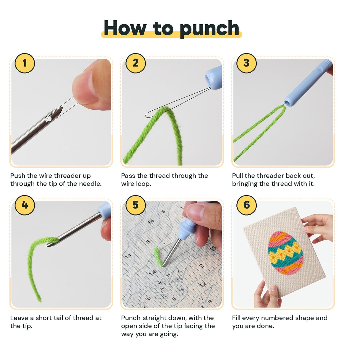 Six steps showing how to thread and use the punch needle