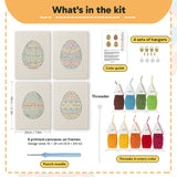 What is in the Zigzag Easter Eggs set, 8 × 12 in (20 × 30 cm) each: 4 printed canvases, punch needle, threader, threads, color guide and 4 sets of hangers