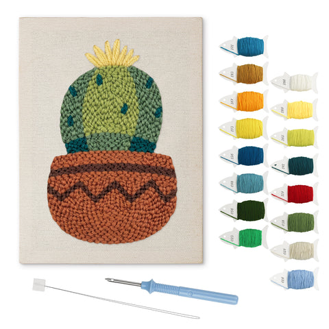 Zigzag Pot Cactus punch needle kit: finished canvas with threads, punch needle and threader