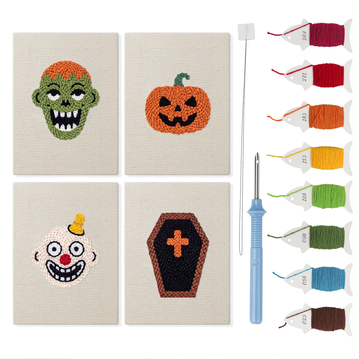 Zombie and Clown mini punch needle kit set: four finished canvases with threads, punch needle and threader