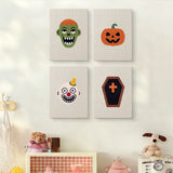 The four Zombie and Clown mini canvases on a wall above a shelf
