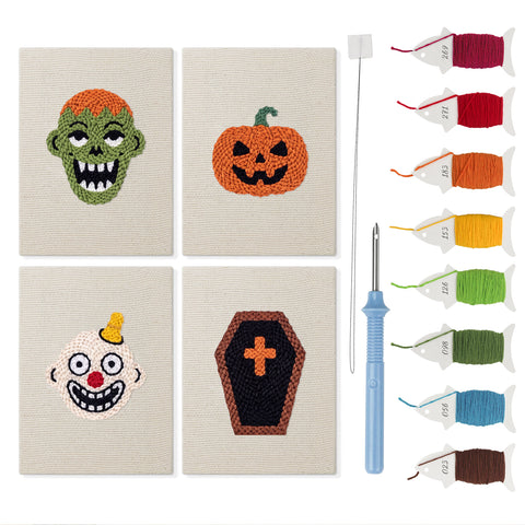 Zombie and Clown mini punch needle kit set: four finished canvases with threads, punch needle and threader