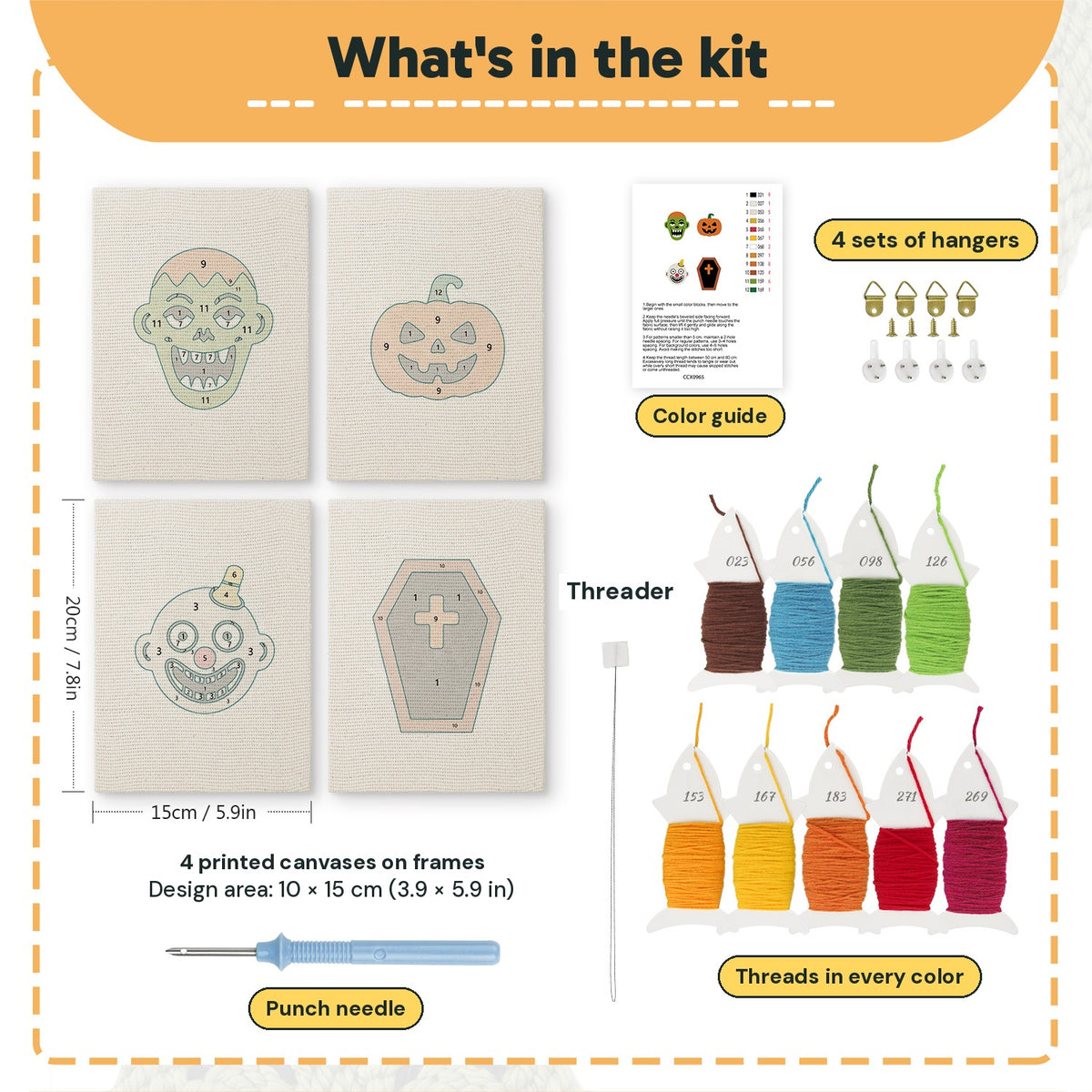 What is in the Zombie and Clown set: 4 printed canvases, punch needle, threader, threads, color guide and 4 sets of hangers (6 × 8 in (15 × 20 cm) each)
