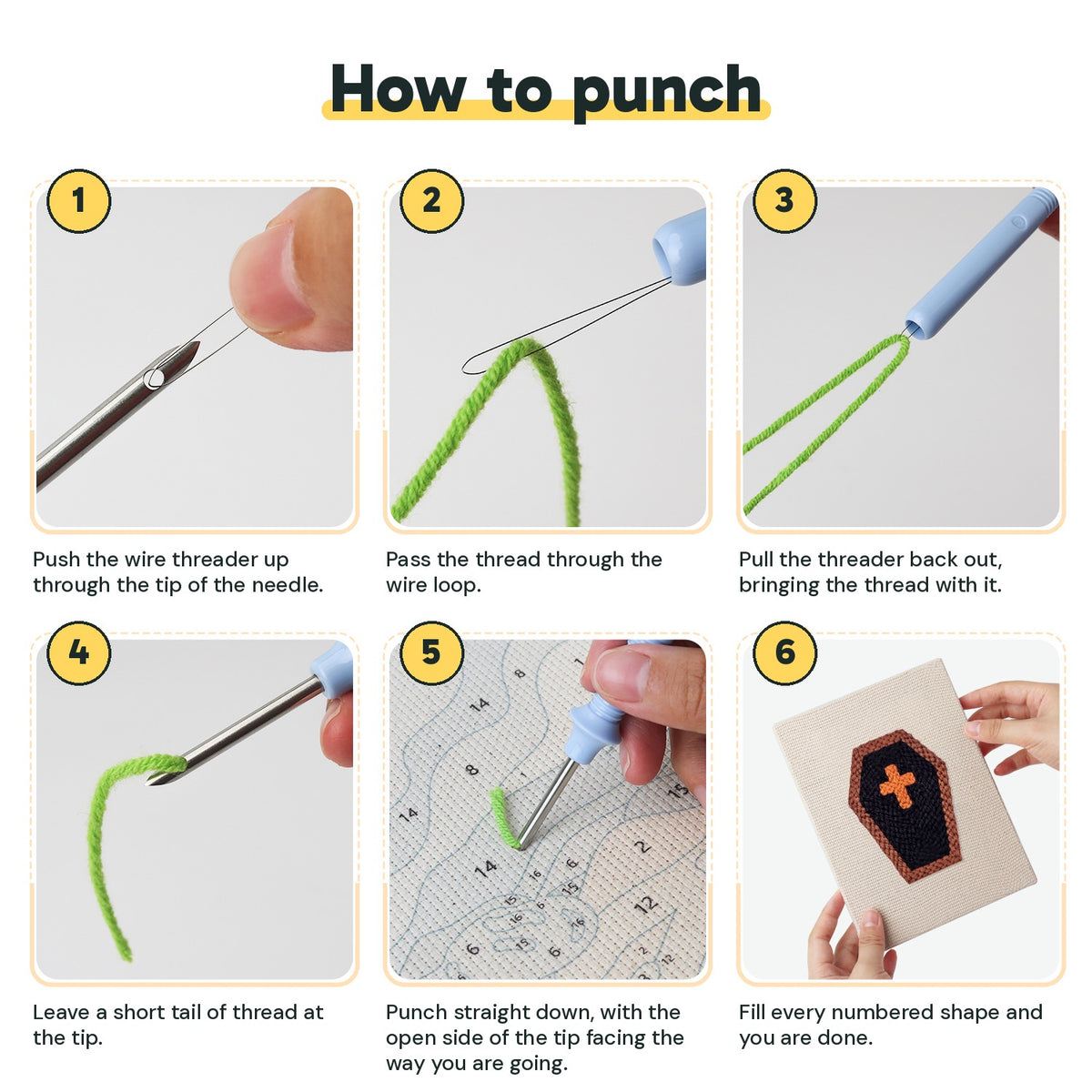 Six steps showing how to thread and use the punch needle