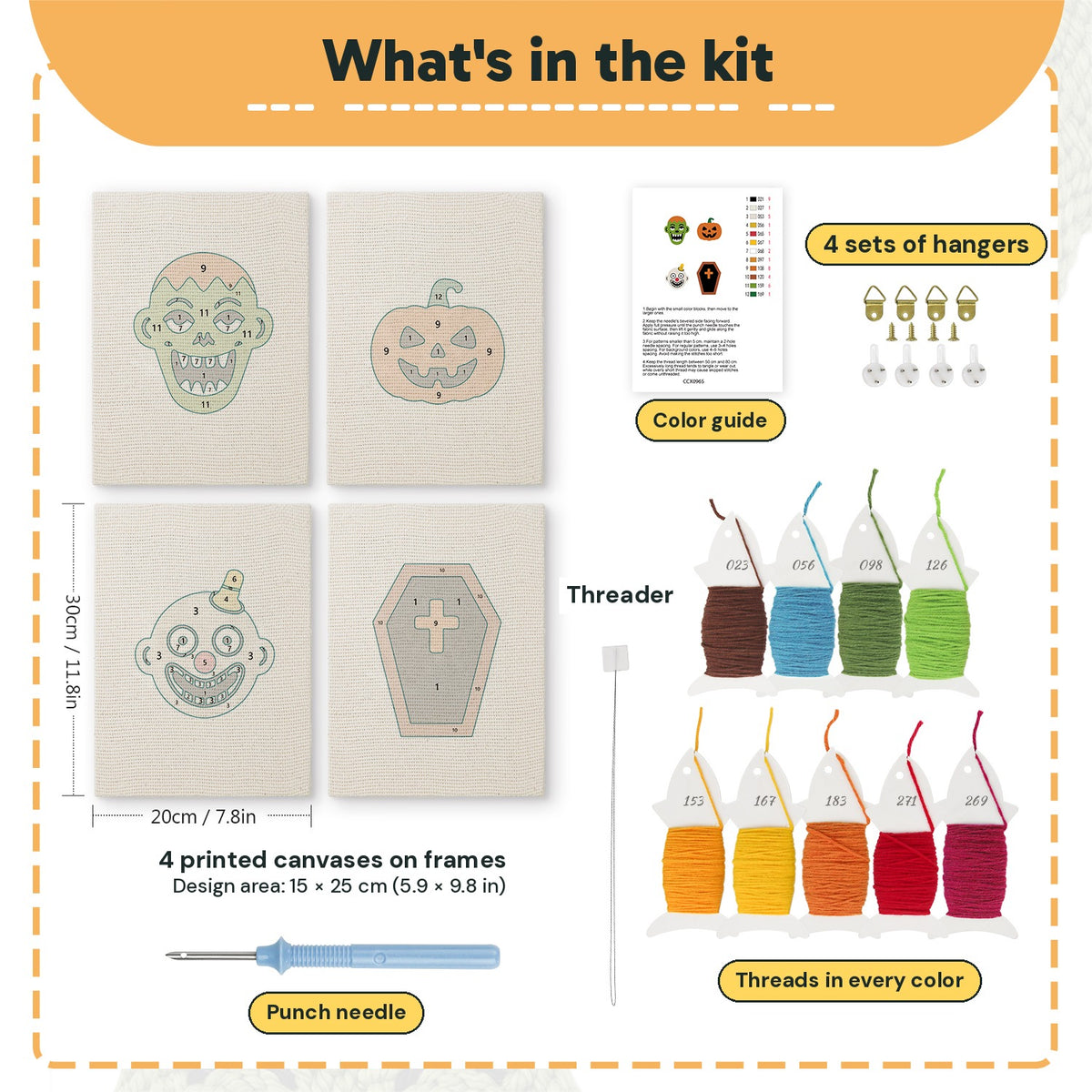 What is in the Zombie and Clown set, 8 × 12 in (20 × 30 cm) each: 4 printed canvases, punch needle, threader, threads, color guide and 4 sets of hangers