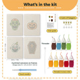What is in the Zombie and Clown set, 8 × 12 in (20 × 30 cm) each: 4 printed canvases, punch needle, threader, threads, color guide and 4 sets of hangers